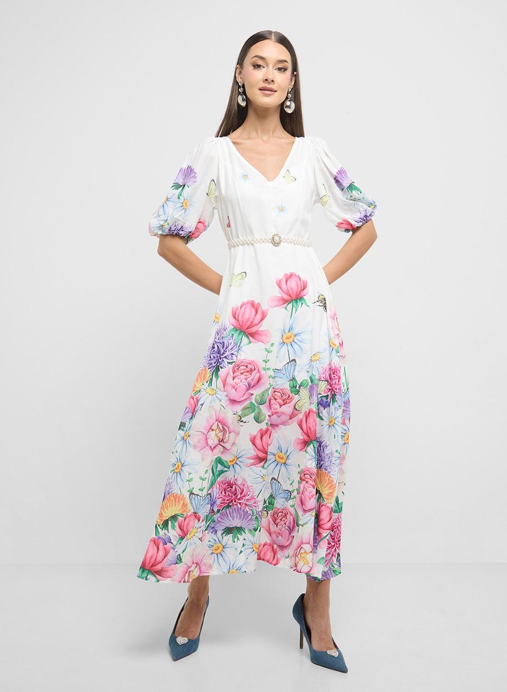 Floral Midi Dress 2173 Pearl Belt Detail - Image 1