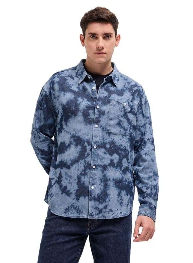 Men’s Blue Tie-Dye Shacket Cotton Blend Button-Down - Image 1