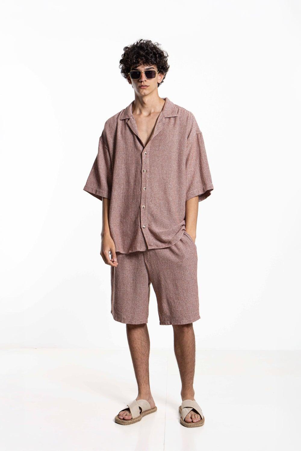 Dark Red Textured Knit Shirt Set - Image 1