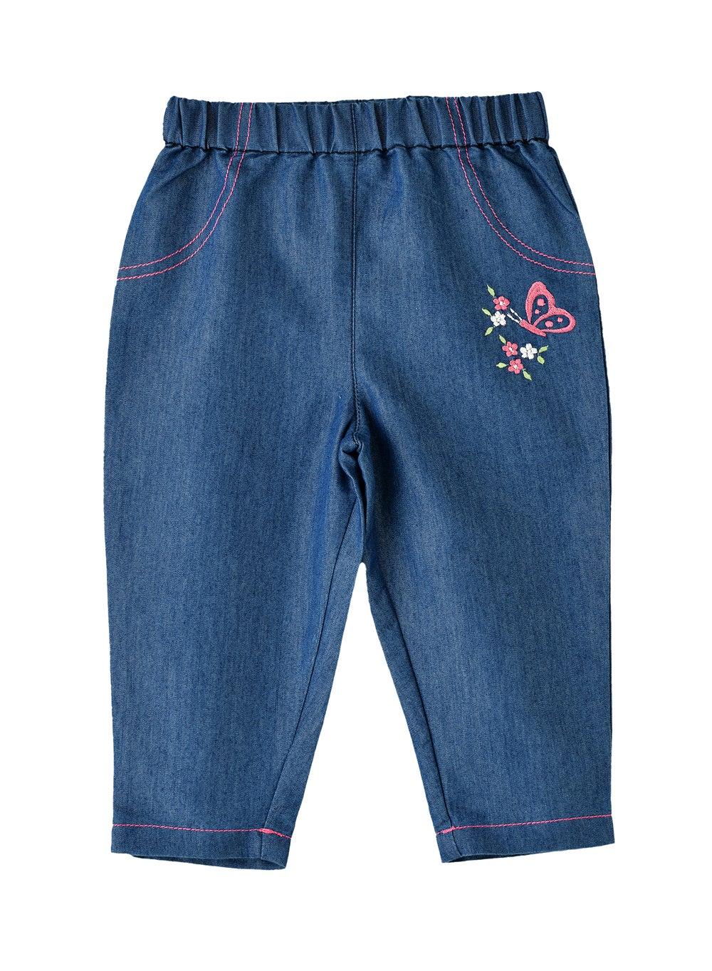 Girls' Blue Denim Butterfly Embroidered Pants Dksbing513 - Image 1