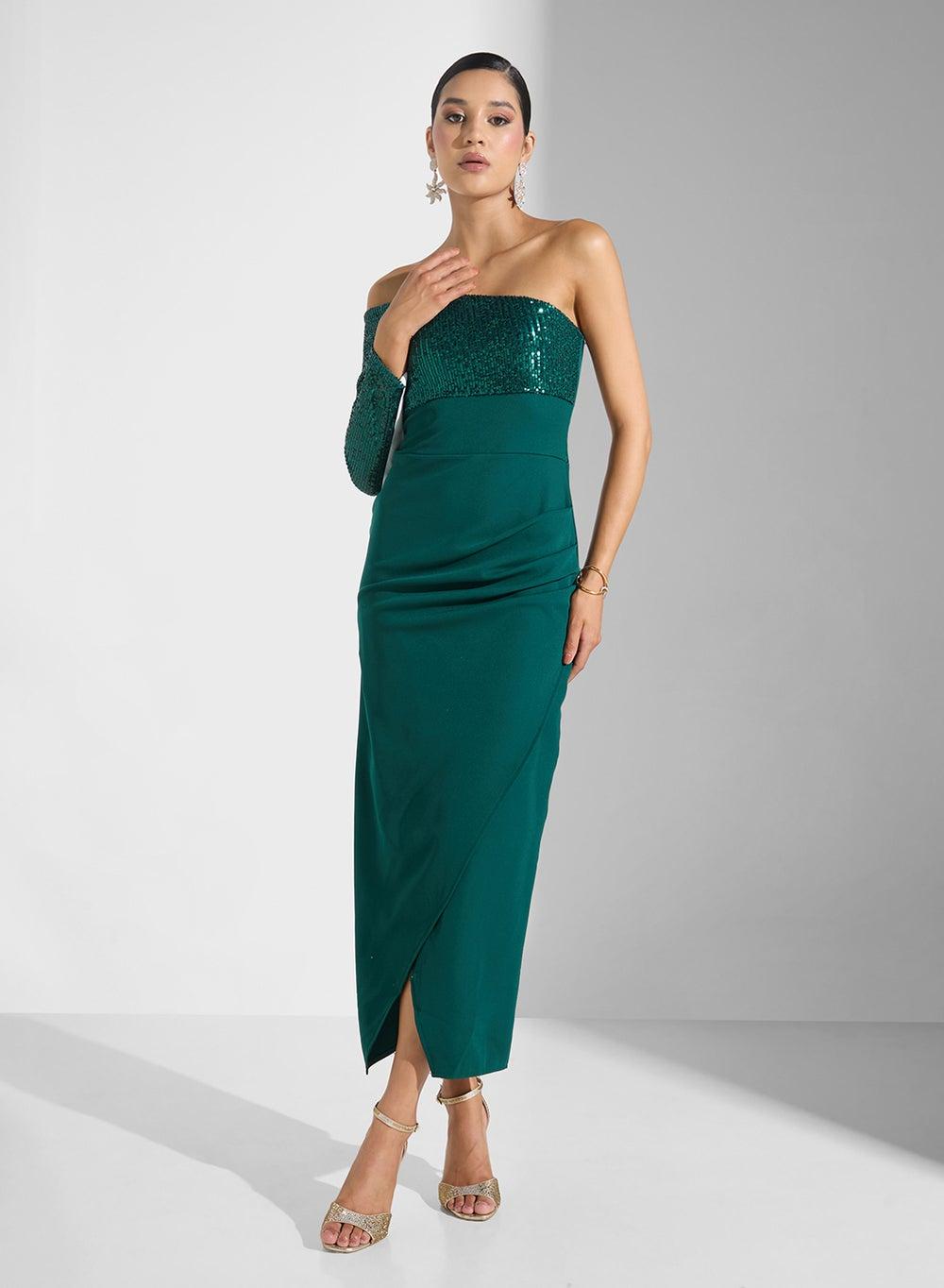 Dark Green One-Shoulder Shimmer Maxi Dress Ma080157 - Image 1