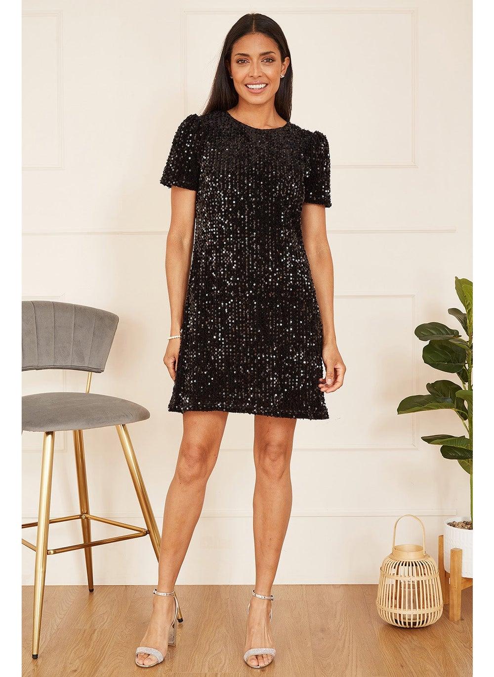 Black Sequin Mini Dress with Puff Sleeves - Image 1