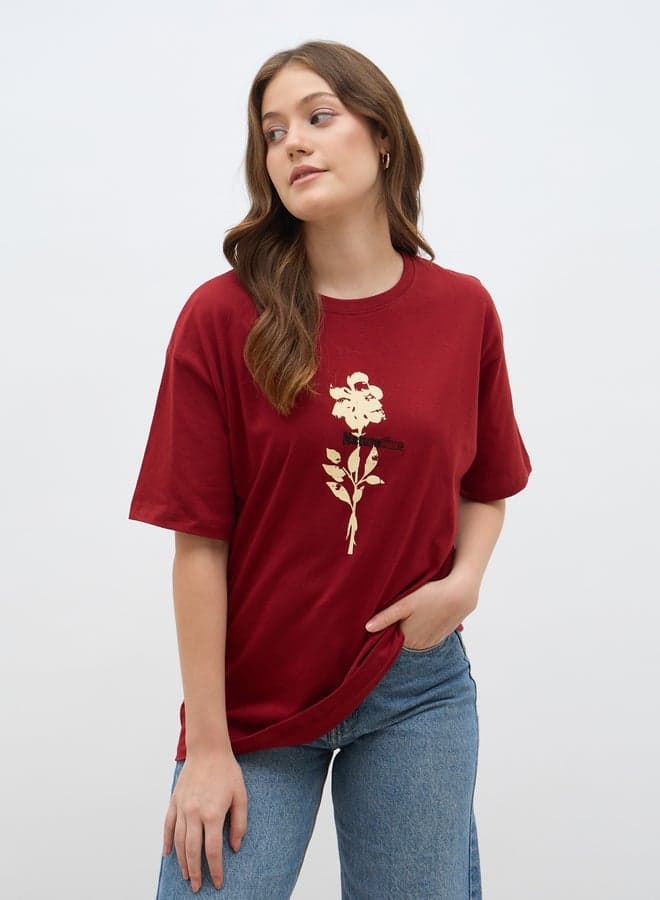 Styli Red Graphic Oversized Cotton T-Shirt - Image 1