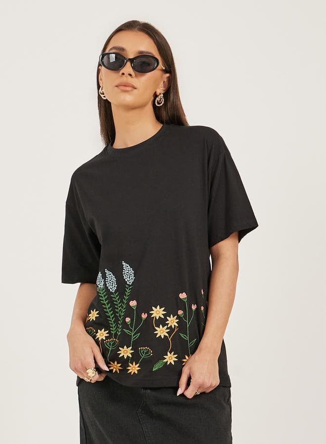 Black Floral Embroidered Oversized T-Shirt 7011035701 - Image 1