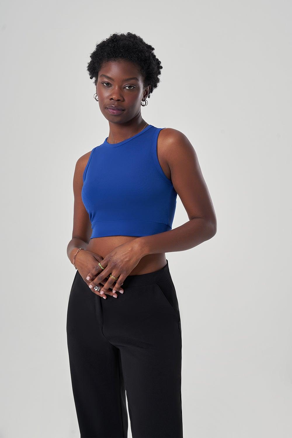 Blue Cropped Sleeveless Blouse – Minimalist Round Neck - Image 1