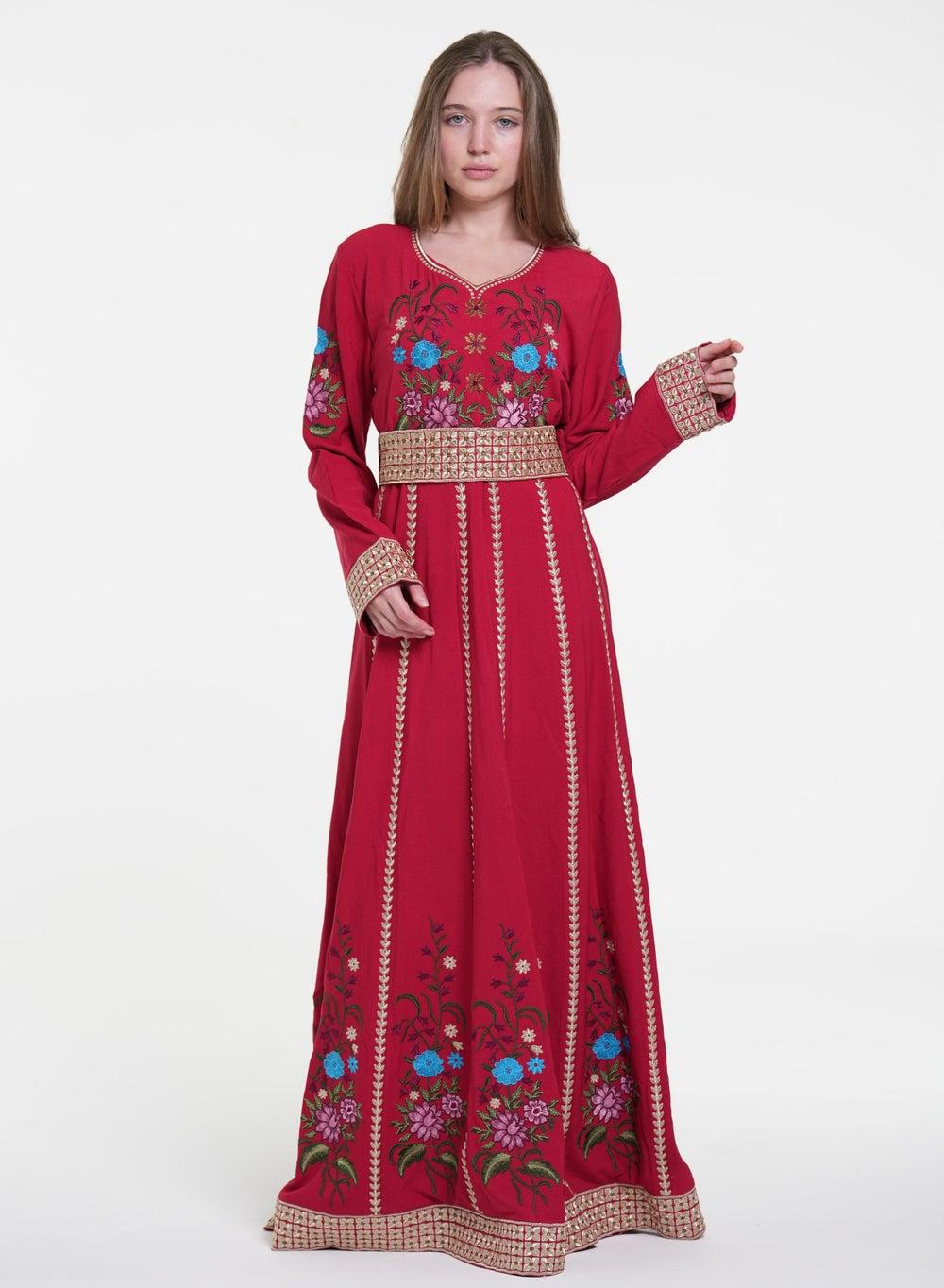Embroidered Red Jalabiya Dress with Belt - Image 1