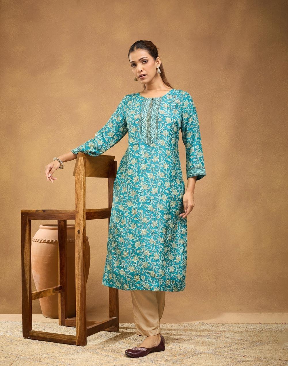 Blue Rayon Blend Hand Block Print Long Kurta - Image 1