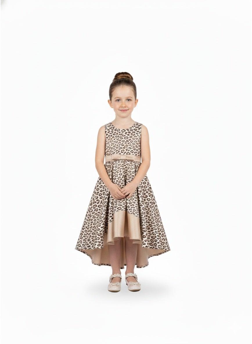 Girls Leopard Print High-Low Midi Party Dress - Image 1