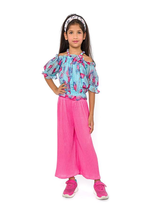 Floral Off-Shoulder Top & Pink Culottes Set - Image 1