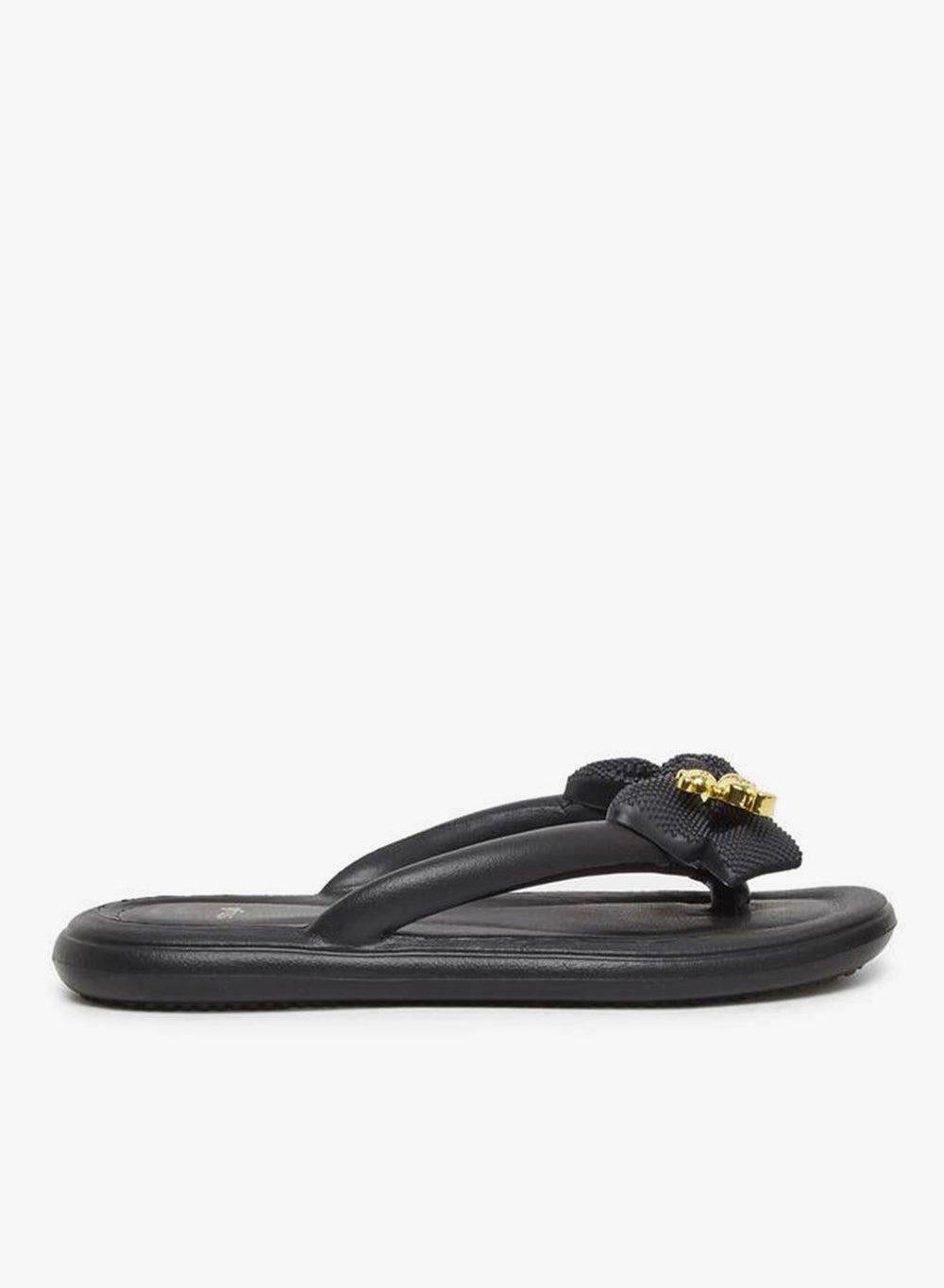 Black Embellished Bow Detail Flat Flip Flops - Image 1