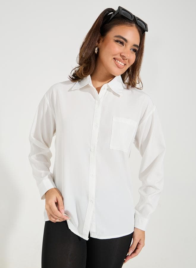 Oversized Solid Button-Down Shirt 7009097636 Dropped Shoulder - Image 1