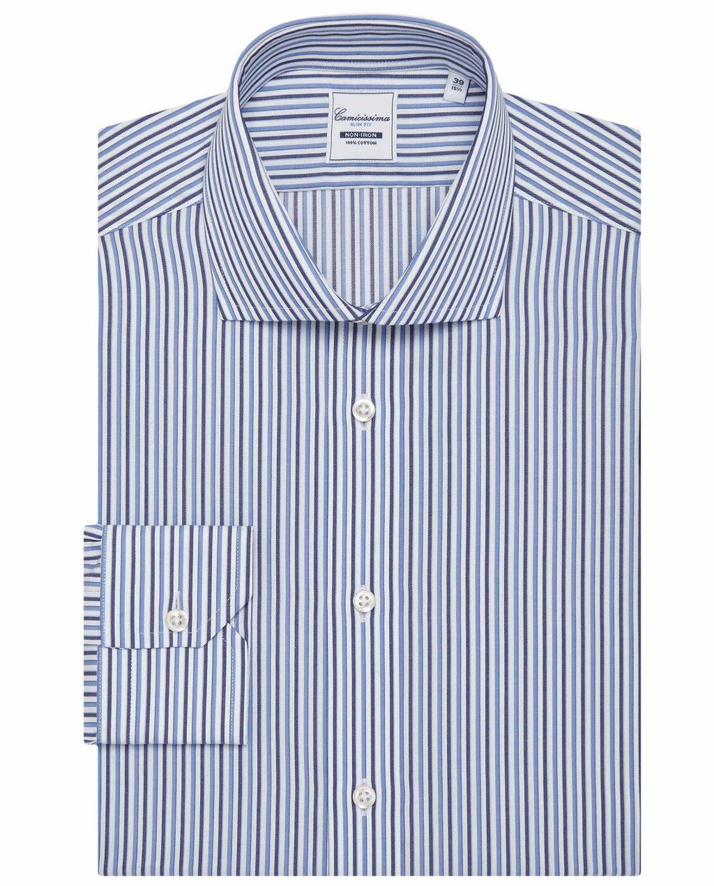 Men’s Blue Striped Slim Fit Non-Iron Shirt - Image 1