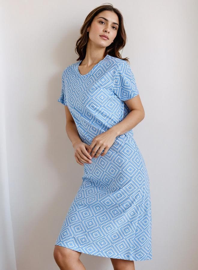 Blue Printed Knee-Length Cotton Blend Night Dress - Image 1
