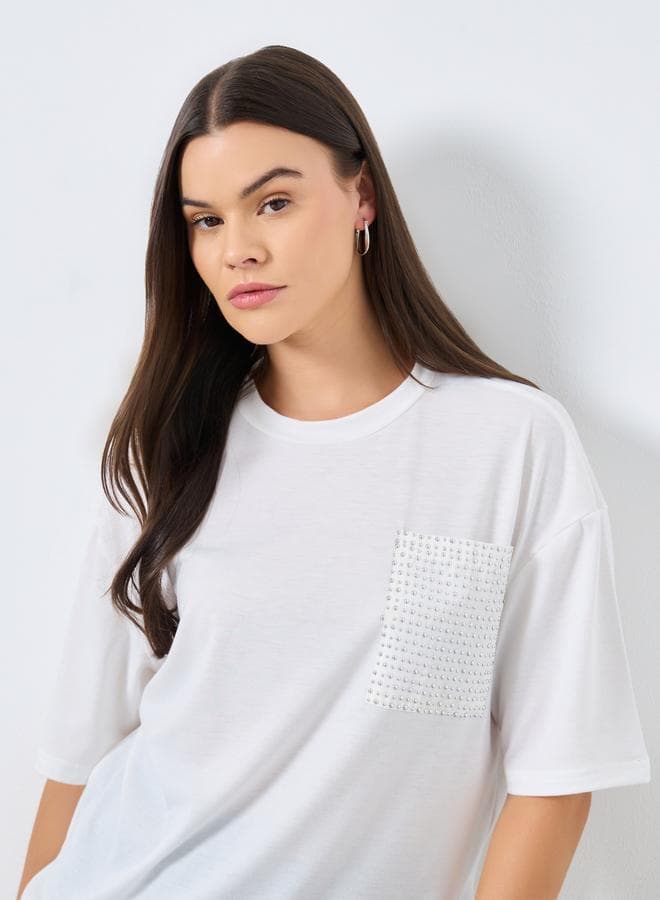 Styli White Studded Pocket Oversized T-Shirt - Image 1