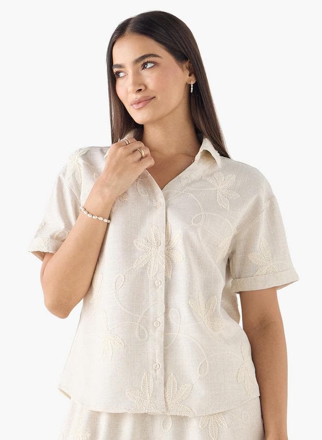 2Xtremz Embroidered Collar Shirt Beige Short Sleeve - Image 1