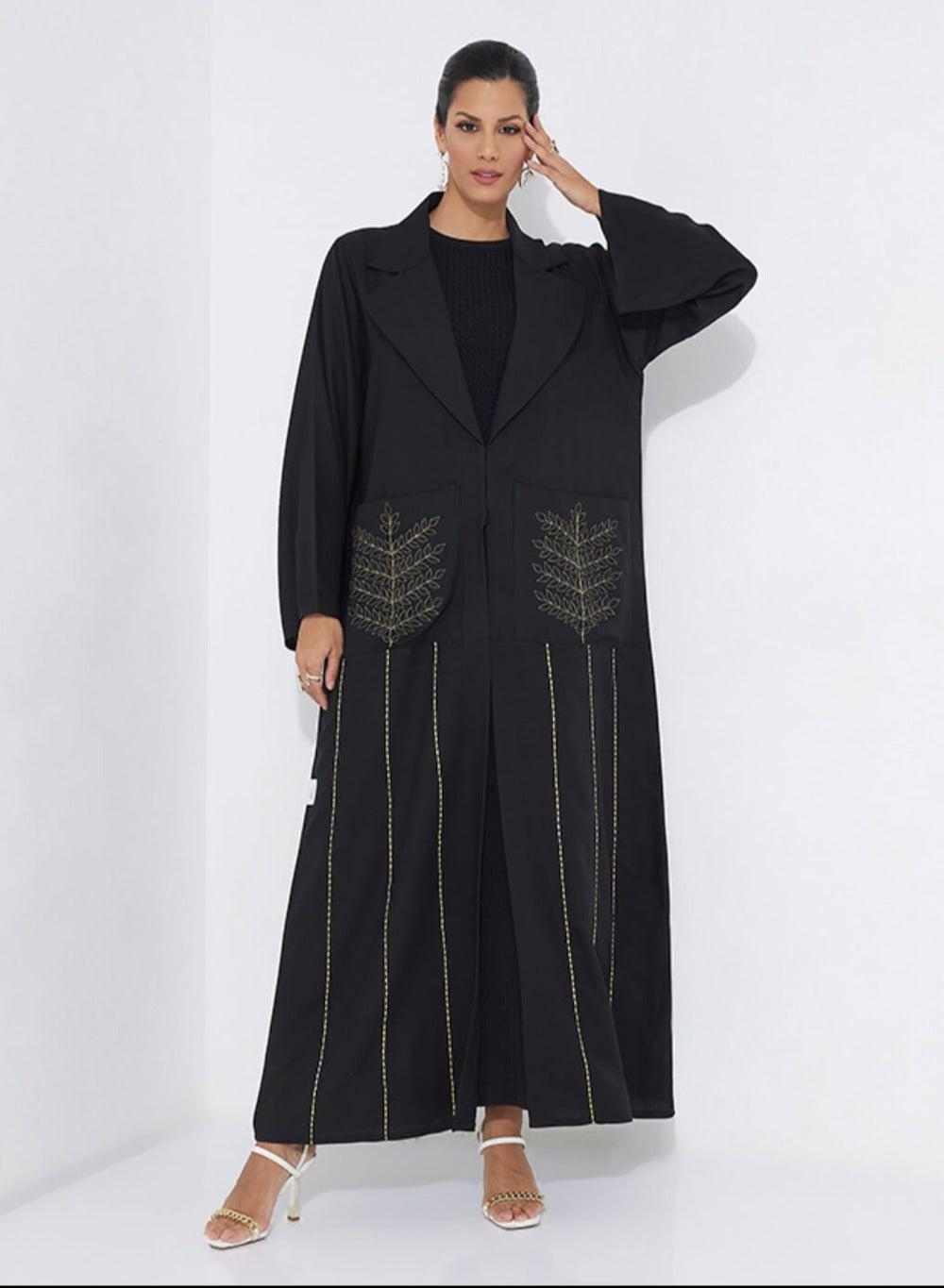 Gold Tree Embellished Abaya with Pocket Detail - Image 1