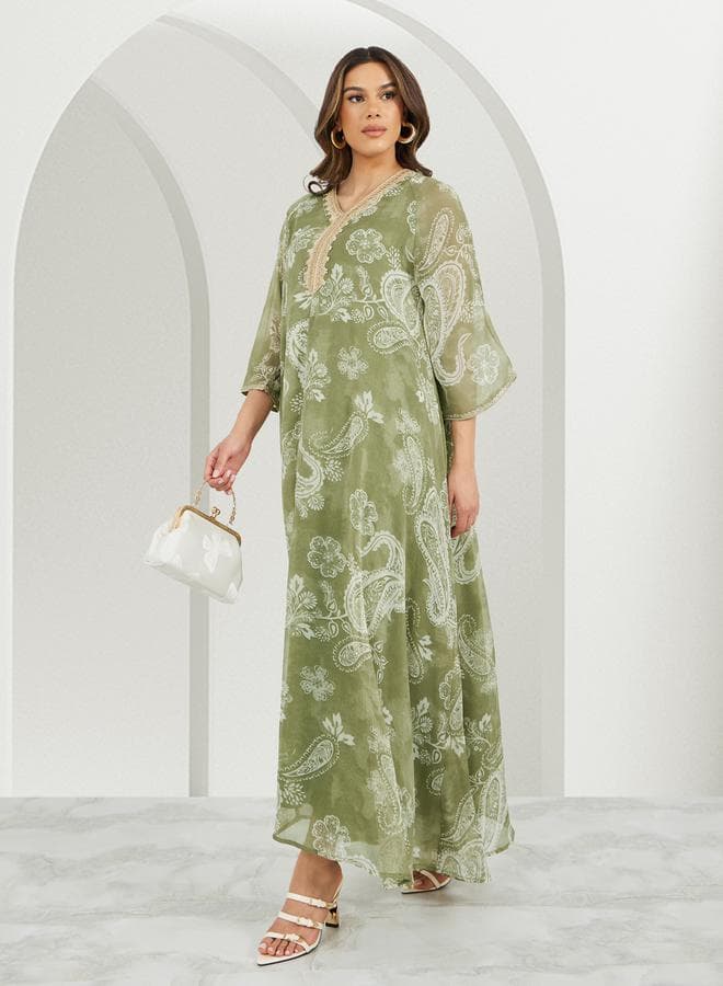 Styli Olive Paisley Flared Jalabiya 7006960925 - Image 1
