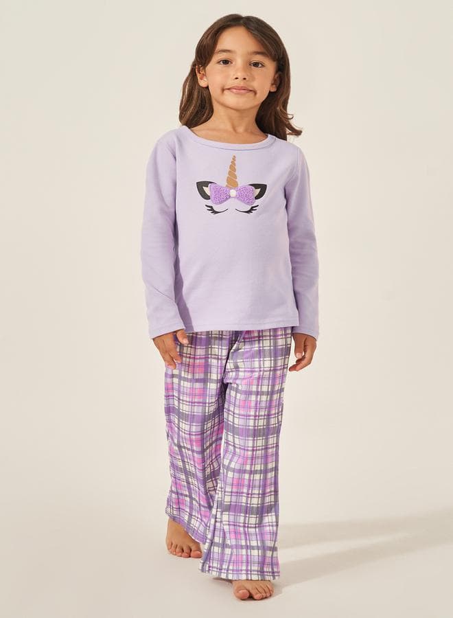 Lilac Butterfly Print Tee & Checked Pyjama Set 2112276516 - Image 1