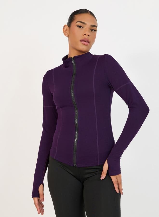 Purple Contrast Zip-Up Thumbhole Active Jacket 7001671029 - Image 1