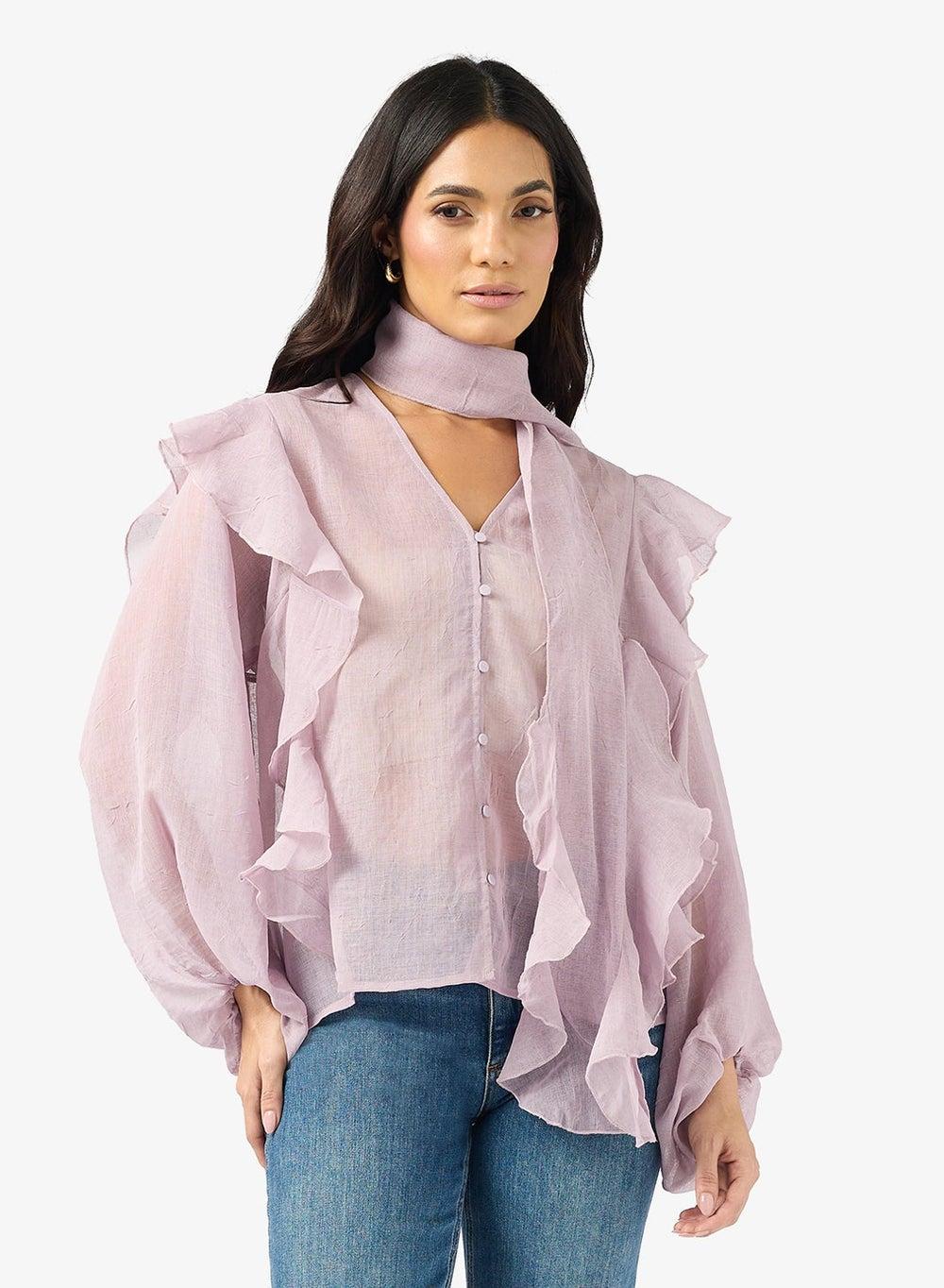 SABRINA Elderberry Scarf Flounce Long Sleeve Top - Image 1