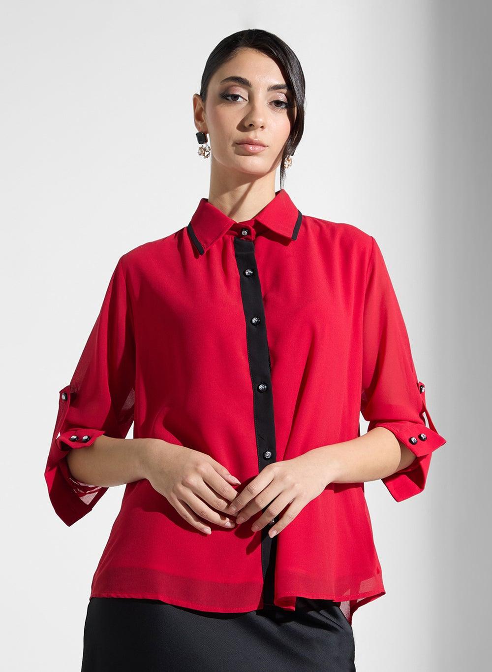 Red Long Sleeve Polo Blouse – Classic Modest Fit - Image 1