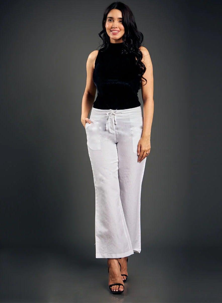 White Linen Wide-Leg Pants with Elastic High Rise - Image 1