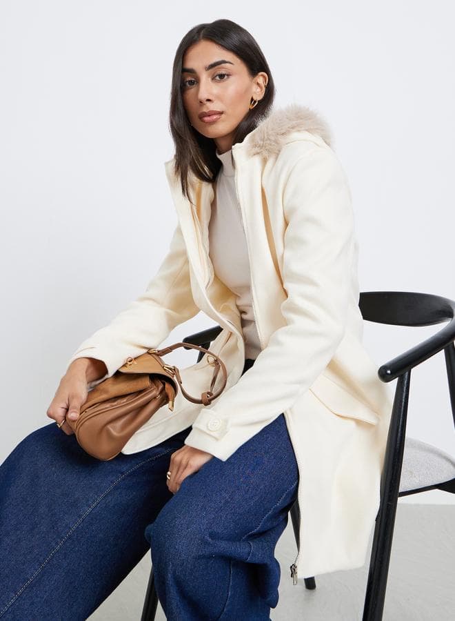 Styli Off White Longline Coat Faux Fur Trim - Image 1