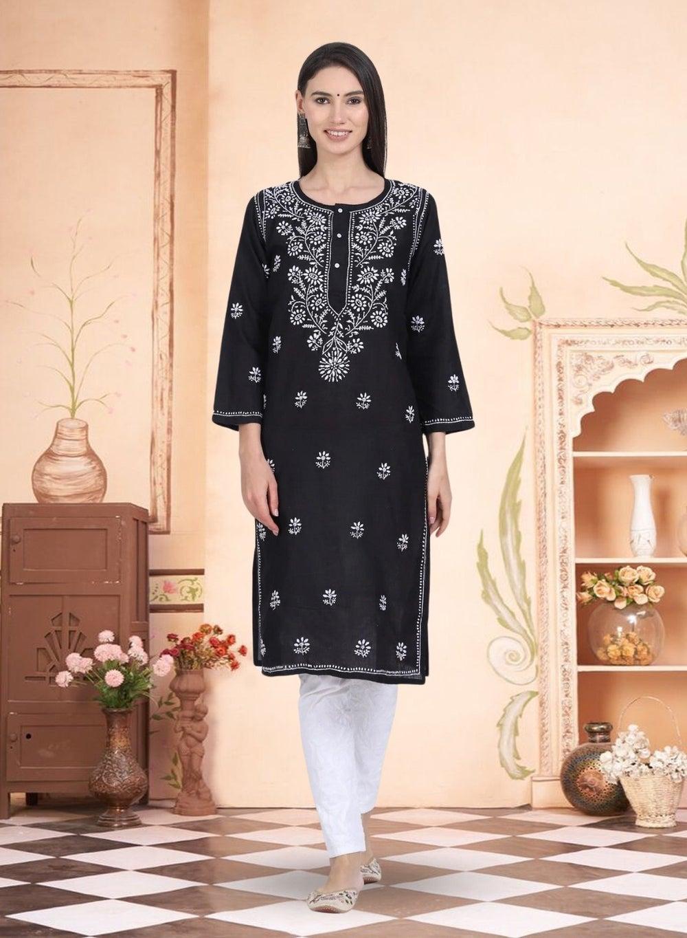 Black Chikankari Cotton Kurta ALNTV115 Hand Embroidered - Image 1