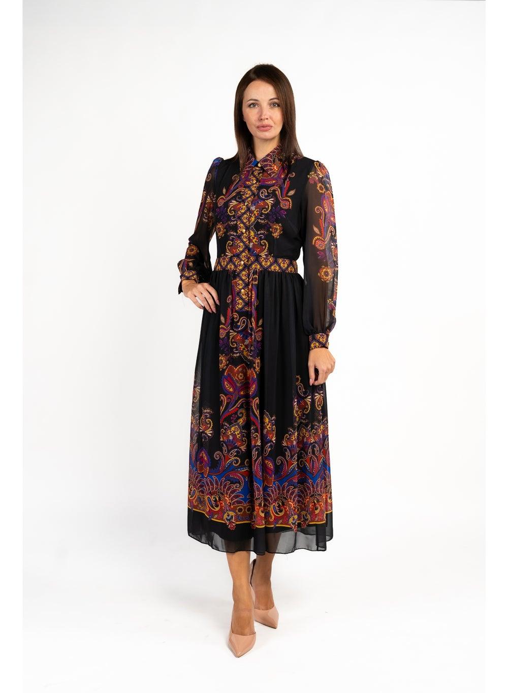 Paisley Print Midi Shirt Dress Black Collared - Image 1
