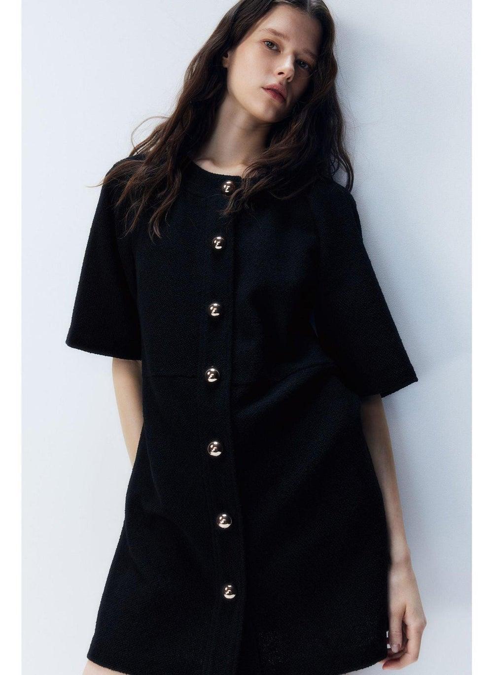 Black Wool-Blend Button-Front Dress with Gold Detail - Image 1