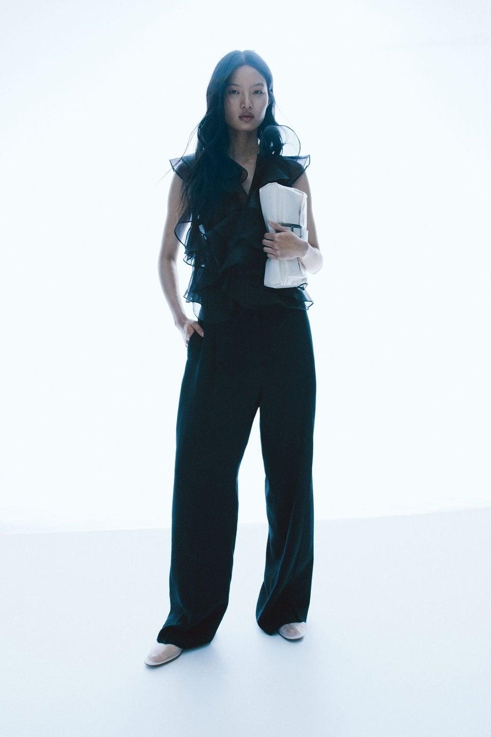 High-Waist Wide Twill Trousers in Black - Image 1