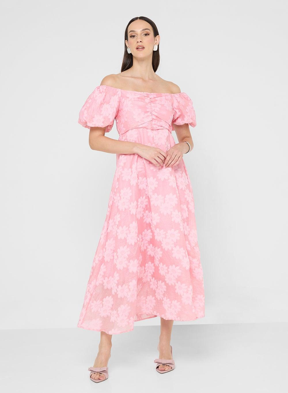 Light Pink Floral Off-Shoulder Puff Sleeve Midi Dress A25D952 - Image 1