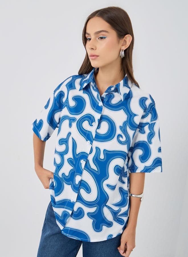 Blue Printed Oversized Short Sleeve Shirt - Image 1