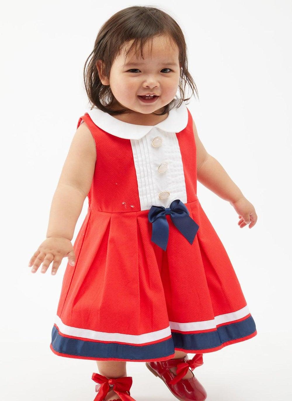 Red Collared Bow A-Line Dress with Pleats - Image 1