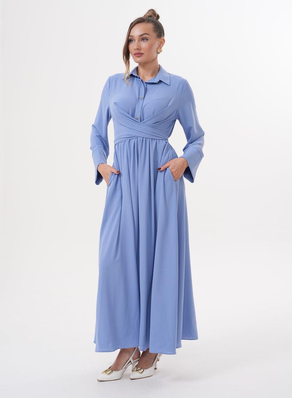 Cornflower Blue Wrap Knot Maxi Shirt Dress - Image 1