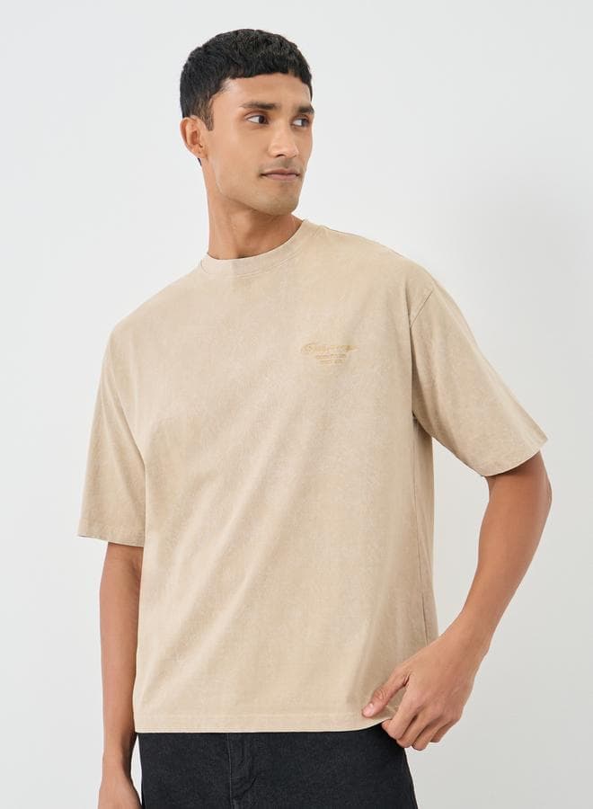 Styli Embroidered Heavy Jersey Oversized T-Shirt Beige - Image 1
