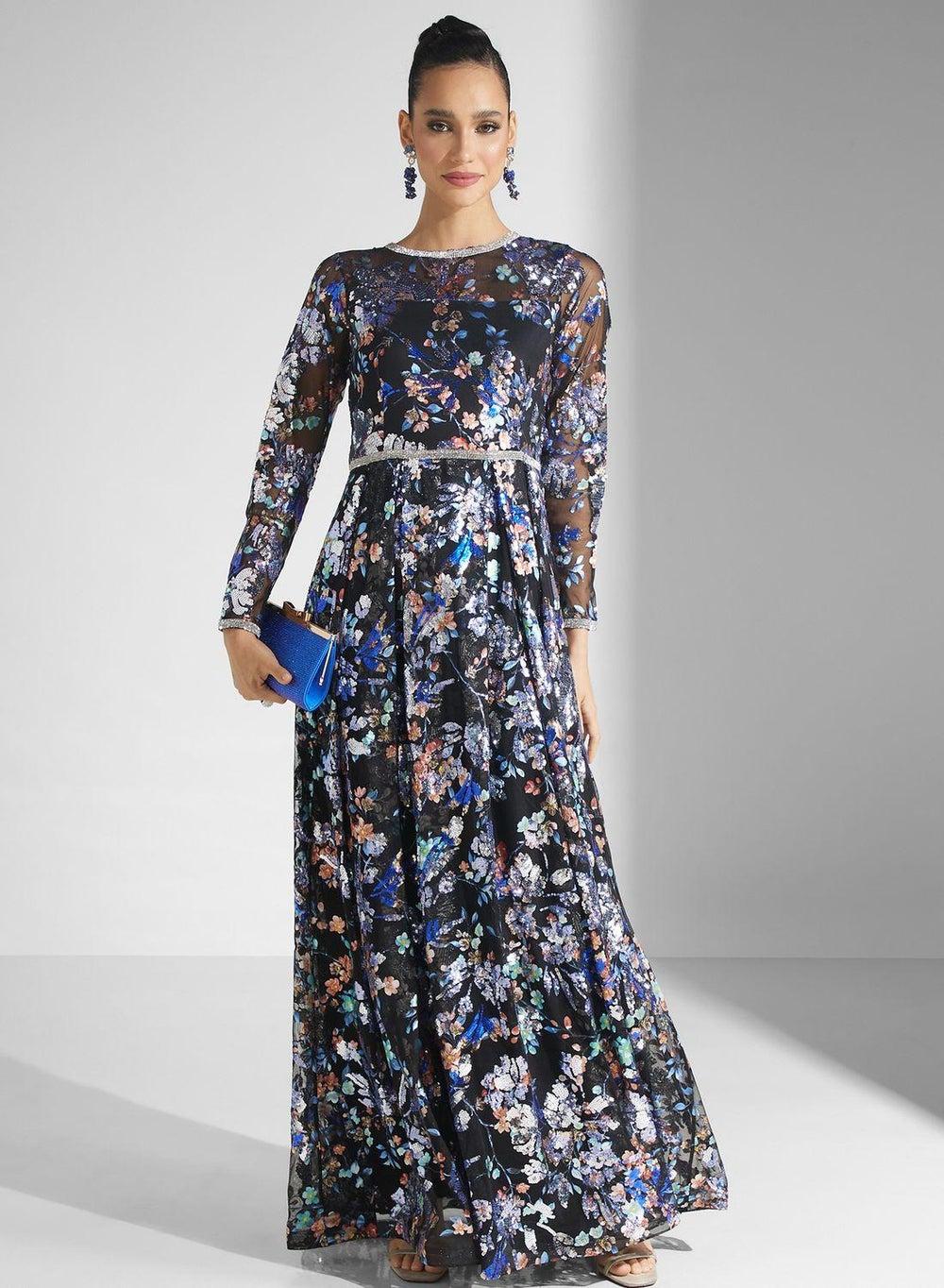Floral Print Maxi Dress with Sheer Sleeves - Image 1