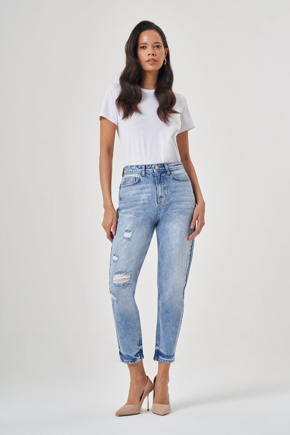 Light Wash High-Rise Mom Fit Denim Trousers - Image 1