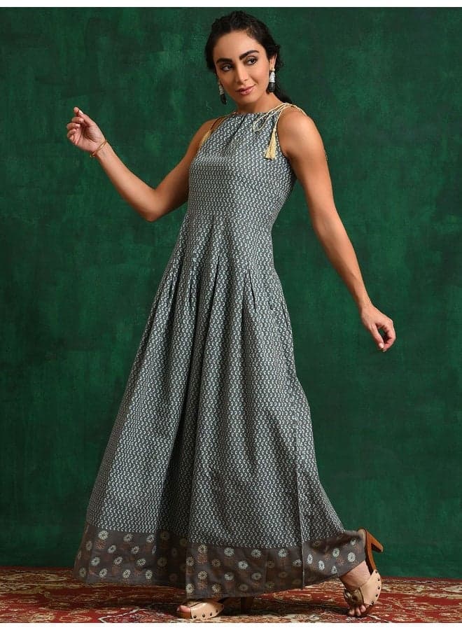 Grey Foil Printed Flared Maxi Dress - Image 1