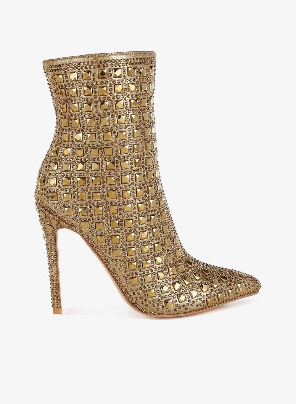 Gold Rhinestone Pointed Toe Stiletto Boots Sh5214 - Image 1