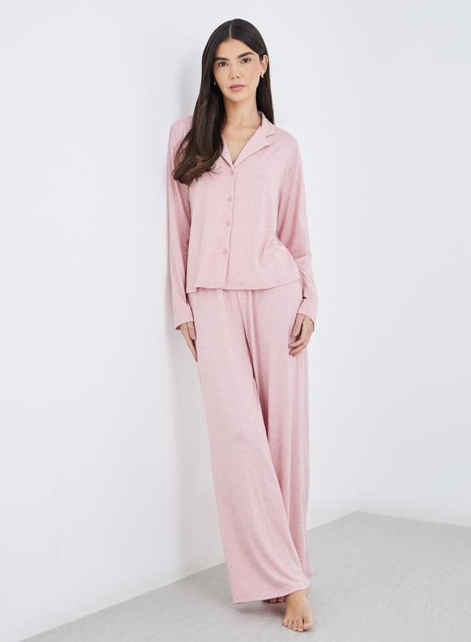 Pink Melange Collared Shirt & Wide Leg Pyjama Set - Image 1