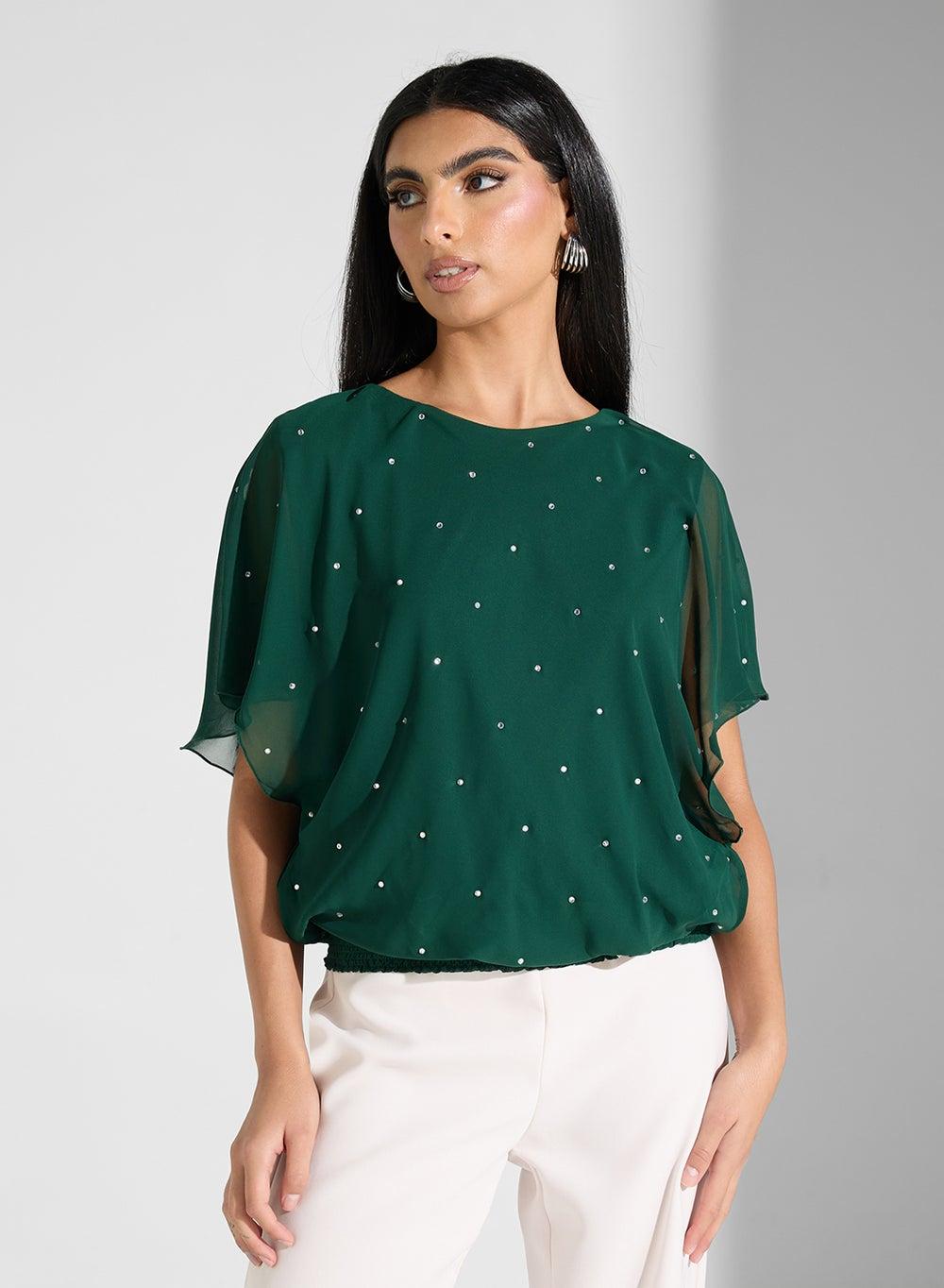 Elegant Green Modest Blouse Short Sleeve UAE Style - Image 1