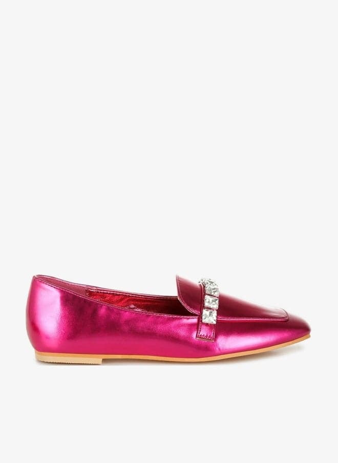 Fuchsia Metallic Diamante Strap Loafers Sh4971 - Image 1