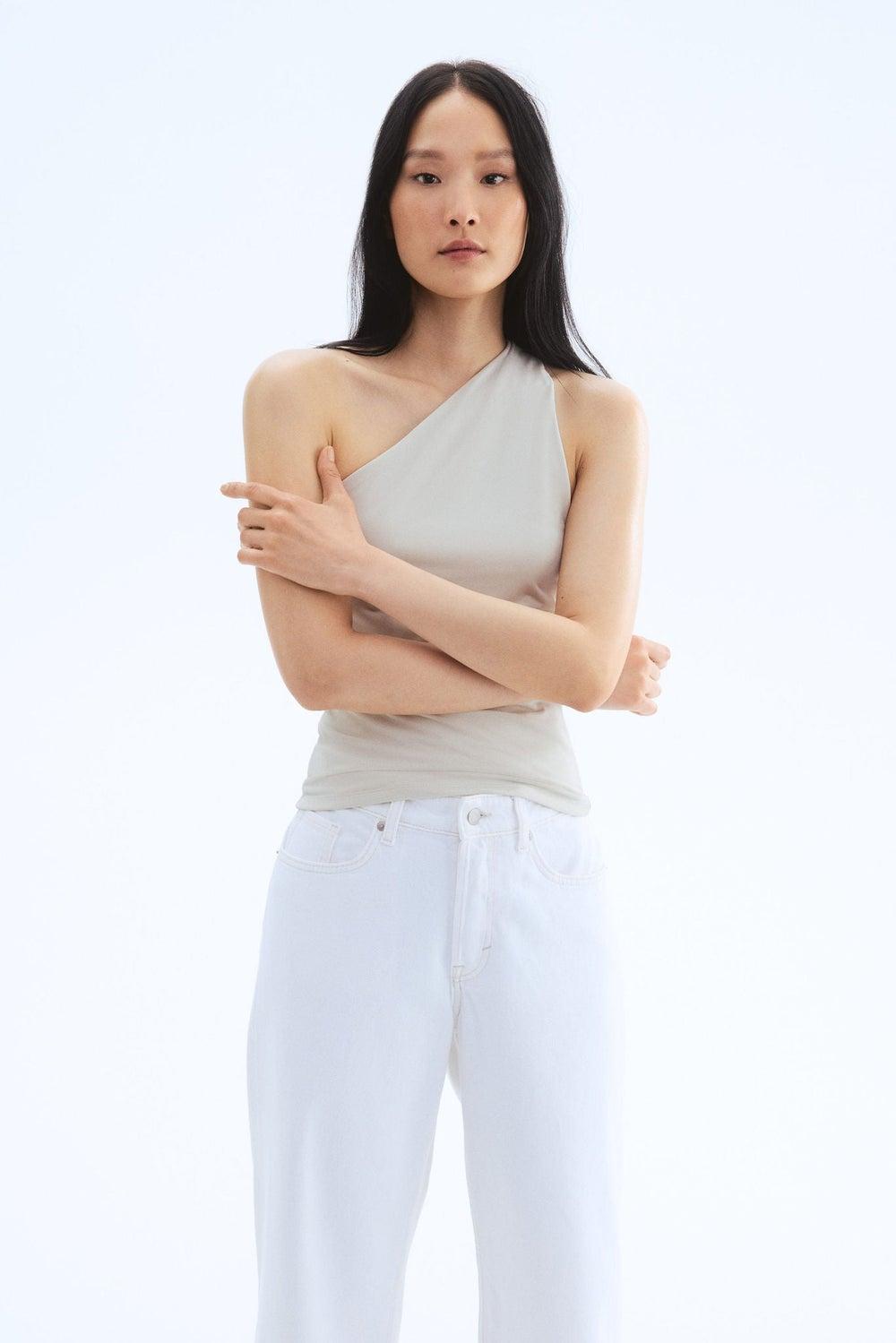 Asymmetric One-Shoulder Crepe Jersey Top Beige Dusty - Image 1