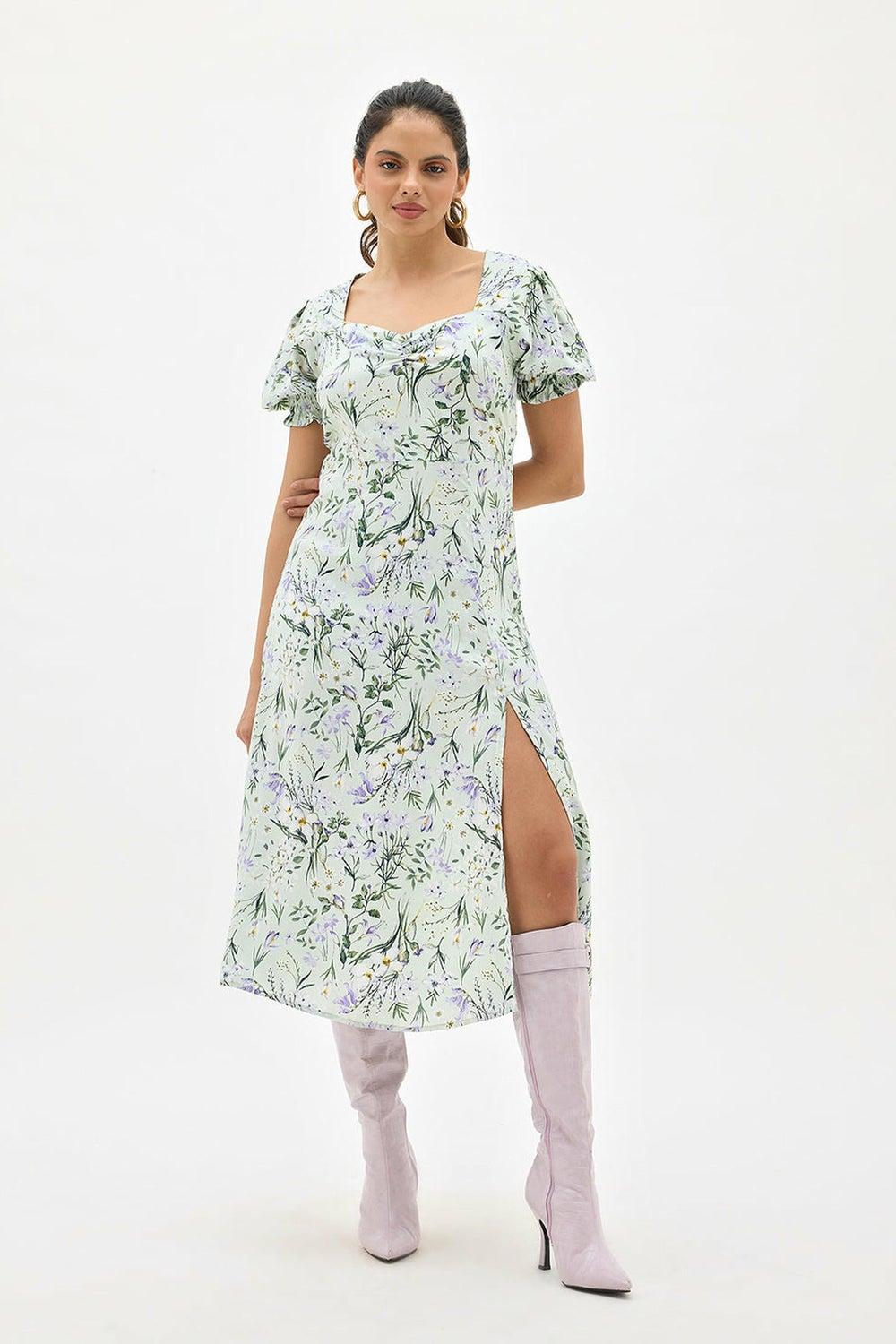 Mint Floral Midi Dress 62044300 Square Neck Fit & Flare - Image 1
