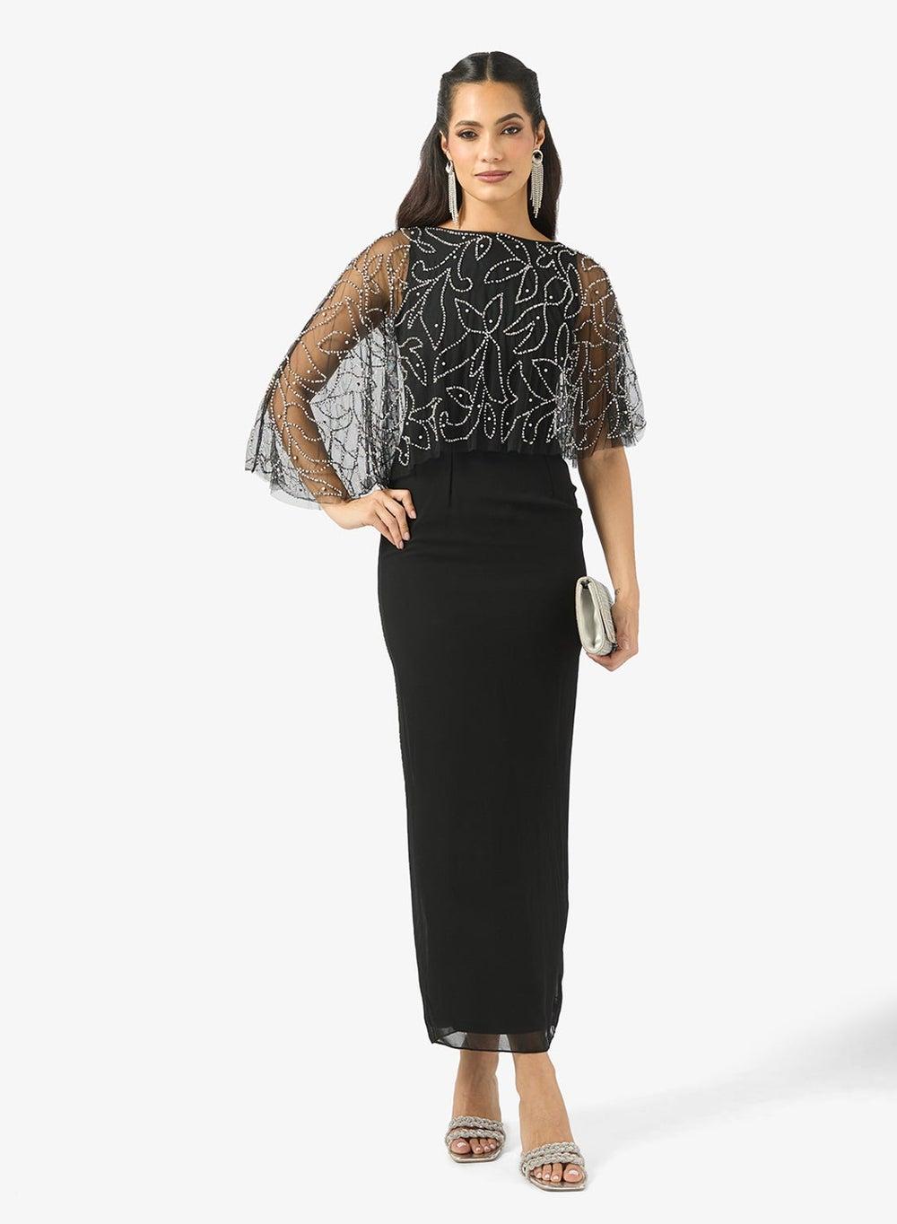 Embellished Mesh Cape Maxi Dress Faw25033 - Image 1