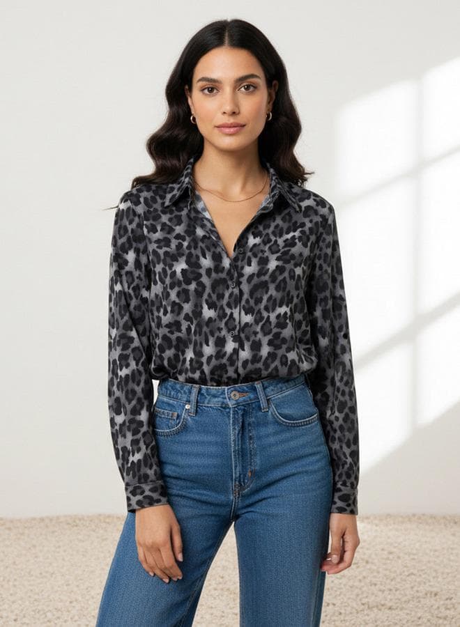 Grey Animal Print Viscose Regular Fit Collar Shirt - Image 1