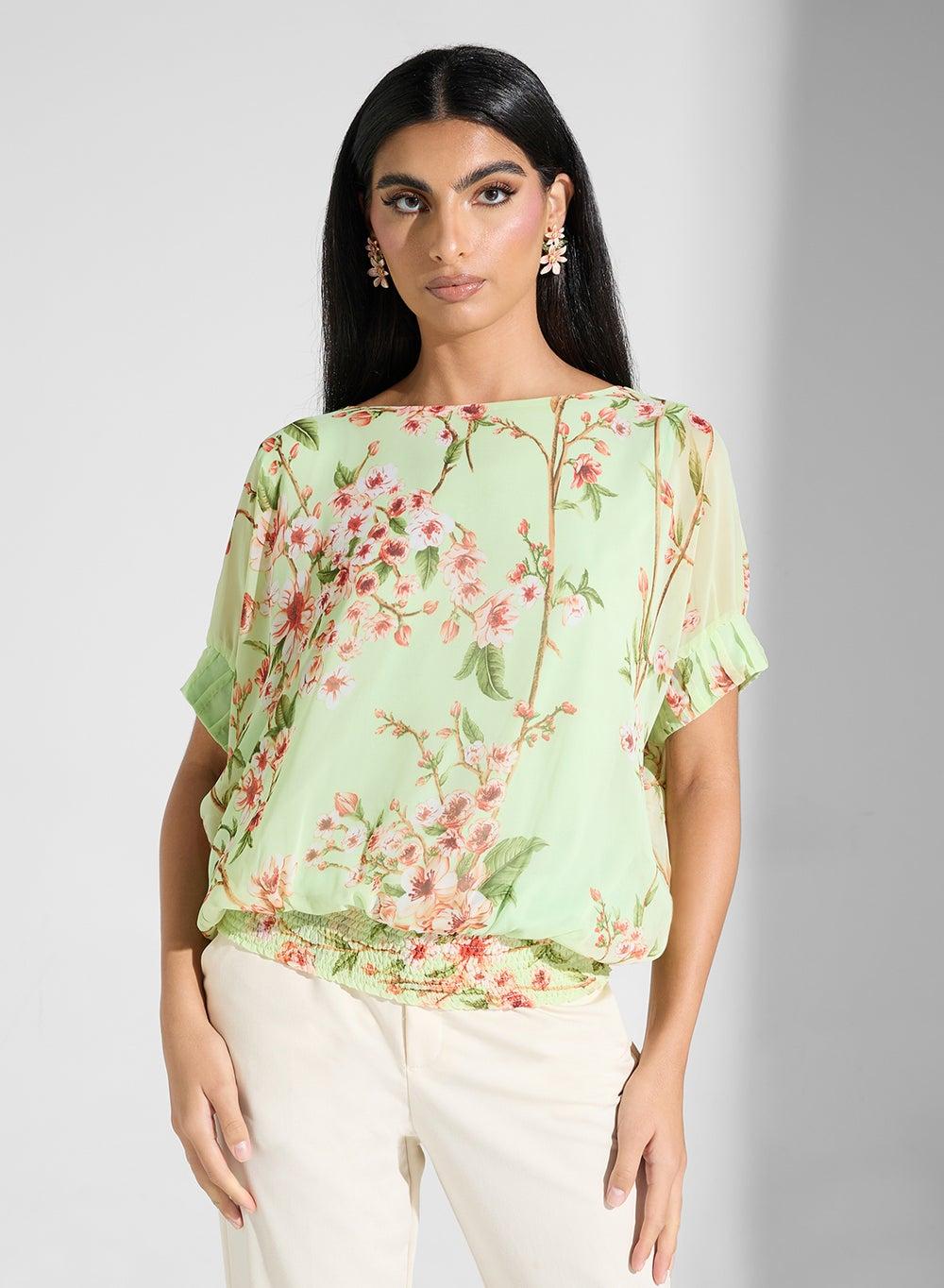 Floral U-Neck Green Modest Blouse – Short Sleeve - Image 1
