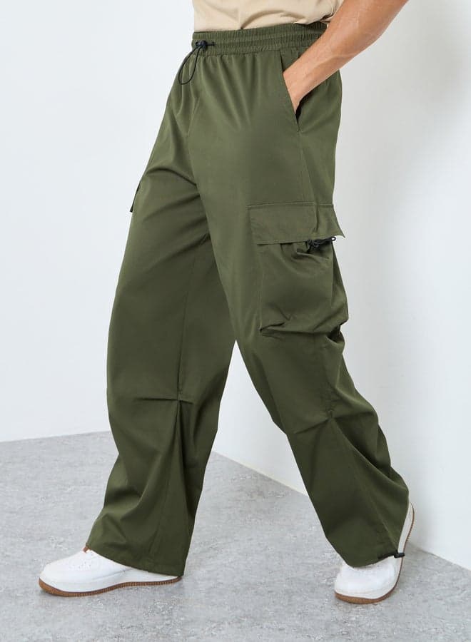 Olive Woven Oversized Cargo Joggers with Adjustable Loop - Image 1