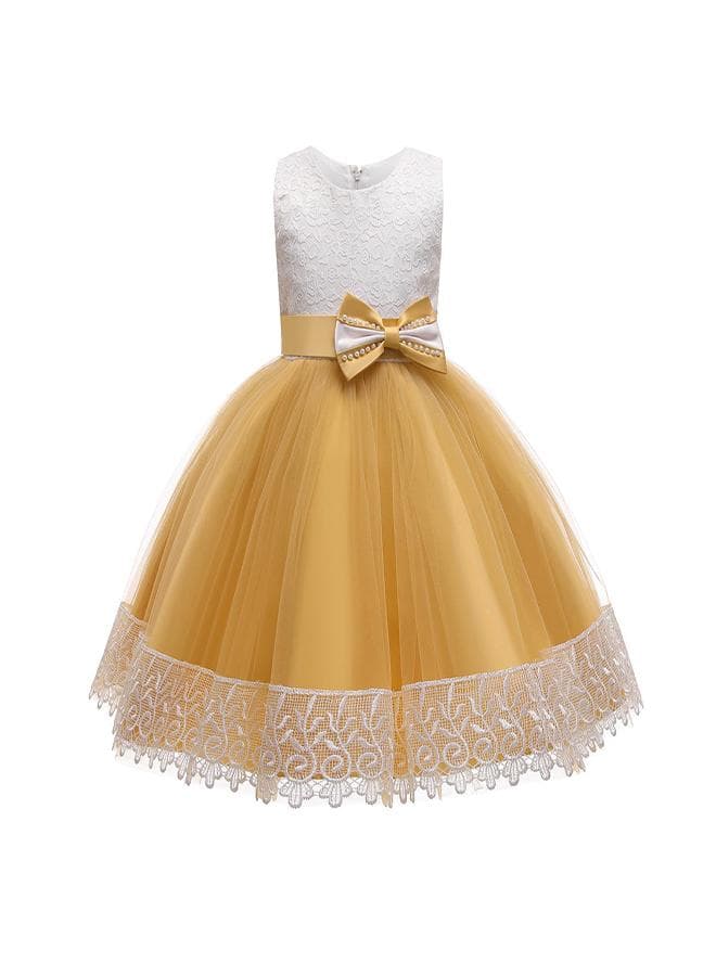 Mustard Tulle Party Dress with Lace Bodice - Image 1